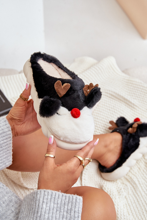 Womens Fur Slippers With Reindeer Motif Black Wistira