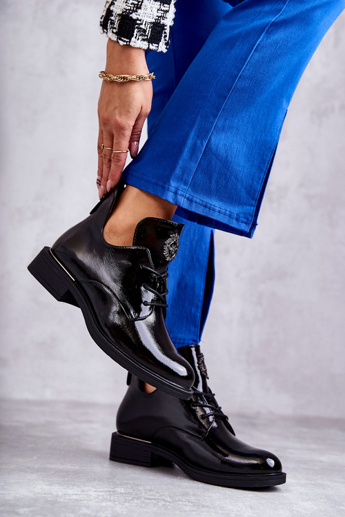 Laquered Lace-up Boots With Cutouts Black Fabiana