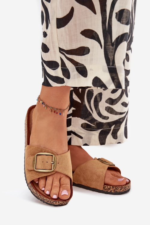 Damskie Klapki Eko Zamszowe Z Klamrą Korkowa Platforma Camel Zavira