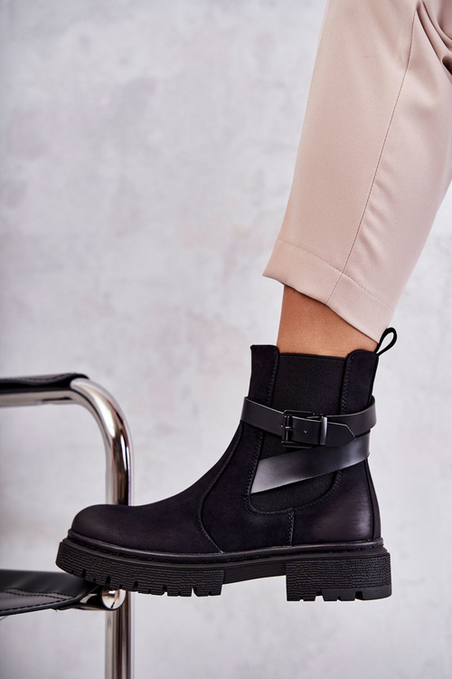Botki Sztyblety Damskie Ocieplane Pasek Czarne Jose