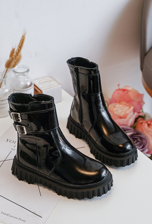 Children's Glossy Boots with Buckles Black Chloraia