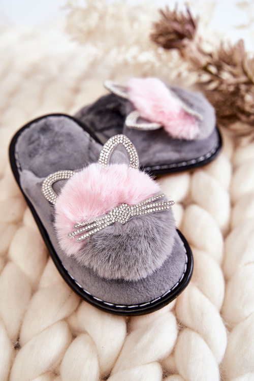 Children's slippers with a kitten and rhinestones gray Carliss