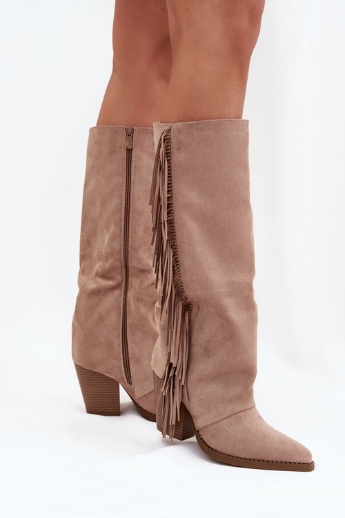 Women's Cowboy Boots With Fringes On A Heel Beige Tivara