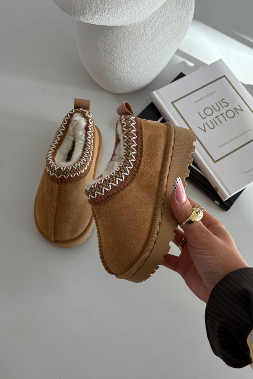 Dziecięce Śniegowce Haft Platforma Camel Prina