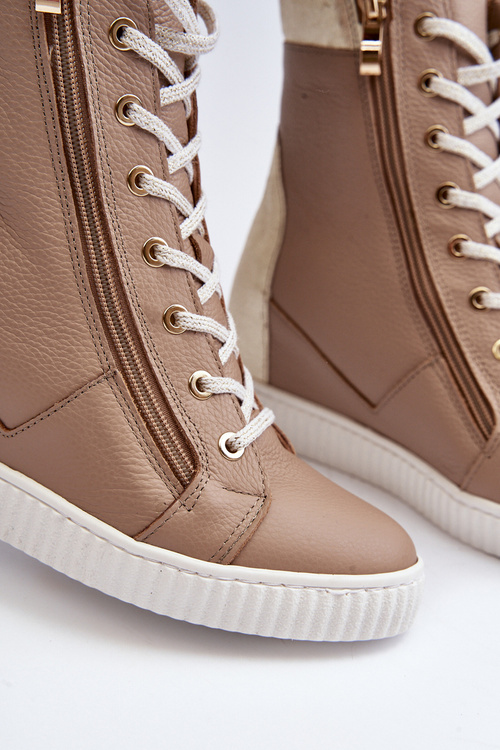 Zazoo 3081 Women's Leather Wedge Sneakers Beige