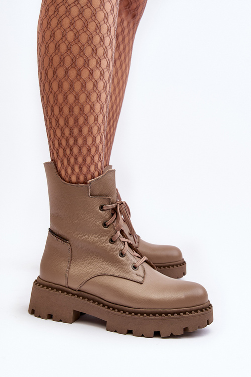 Leather Trapper Boots Women's Zipper Zazoo 949P Dark Beige