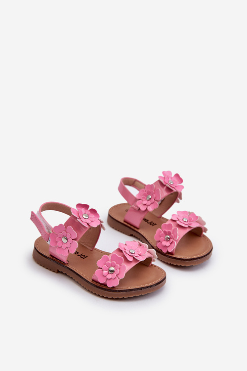 Dziecięce Sandałki Lakierowane Z Kwiatkami Różowe Tinette