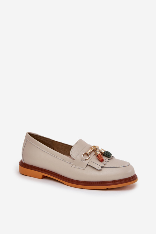 Leather Elegant Loafers On Flat Heel S.Barski LR51-768 Beige