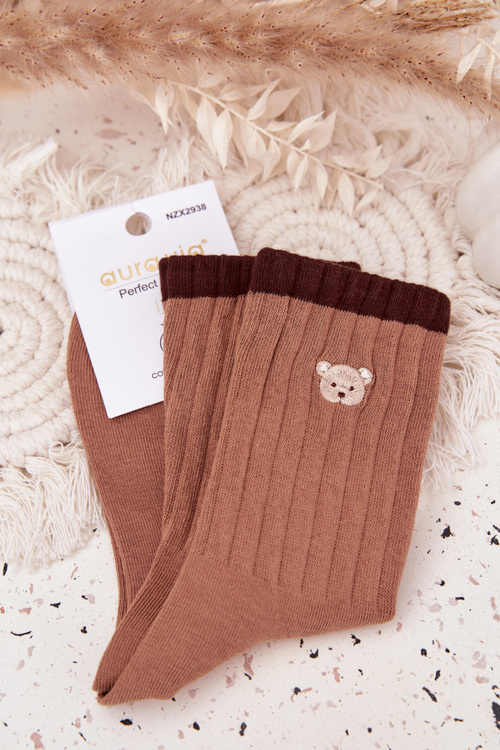 Women's Cotton Socks With Small Bear Light Brown