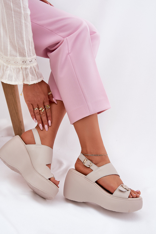 Sandały Damskie Skóra Naturalna Koturn Platforma Beżowe S.Barski LR51-540