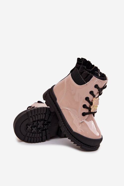 Patent Leather Children's Boots Lined with Clip Bear Beige Fionessa