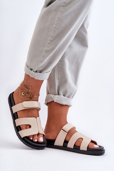 Leather Classic Women's Slippers With Velcro Beige Amedon