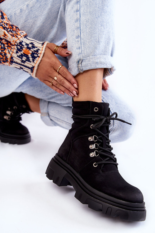 Leather Warm Lace-up Boots Black Merisha