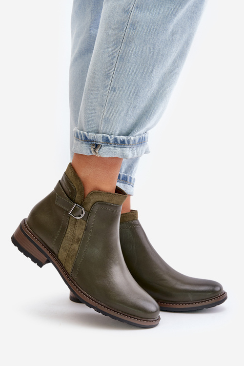 Warm Women's Ankle Boots With Low Shaft Zip Eco Leather Dark Green Taitha