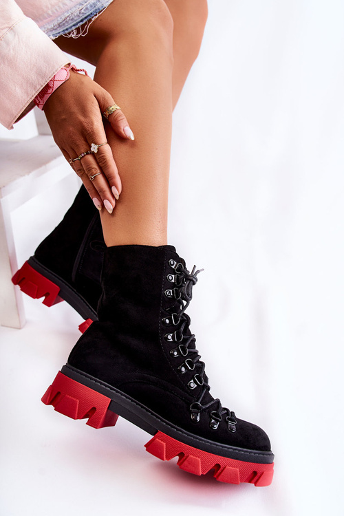 Warm Suede Boots Workers Tied Black-Red Pierro