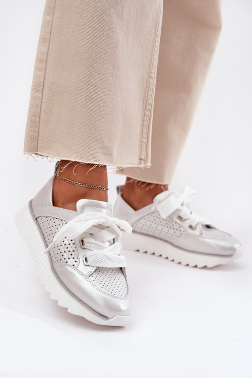 Damskie Sneakersy Skóra Naturalna Platforma Srebrne D&A LR51-796