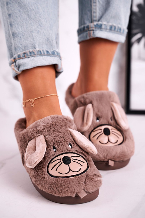 Women's Home Furry Mouse Slippers Beige Home Sweet Home
