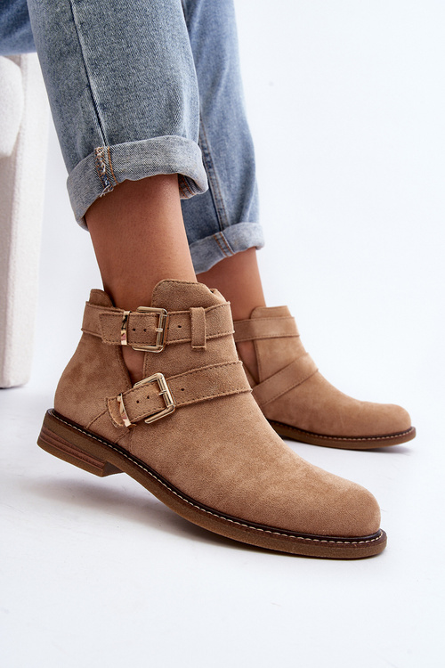 Women's Flat Heel Ankle Boots with Straps Beige Melviana