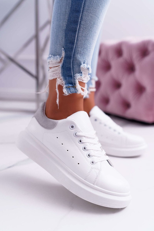 Sporty Women's Thick Sole Shoes White Grey Skirt