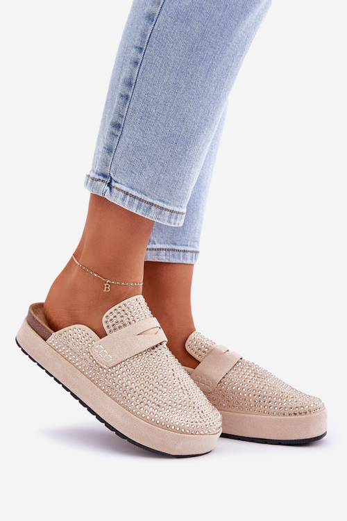 Damskie Klapki Na Platformie Ozdobione Cyrkoniami Beżowe Deorani