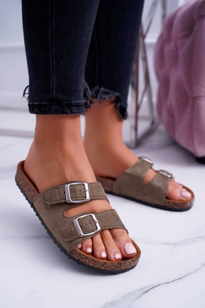 Olive Suede Cork Women's Buckle Flip Flops Beatris