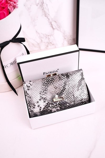Średni Skórzany Portfel Damski PATRIZIA Lakierowany Szary