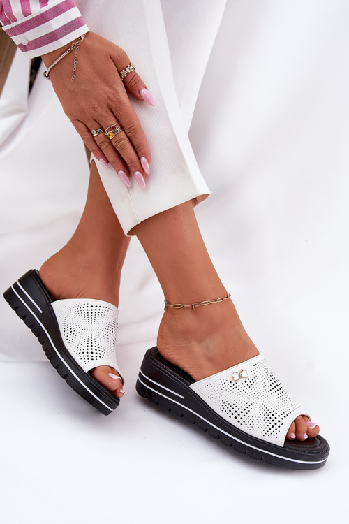 Damskie Klapki Na Koturnie Skóra Naturalna Białe Vinceza 41477