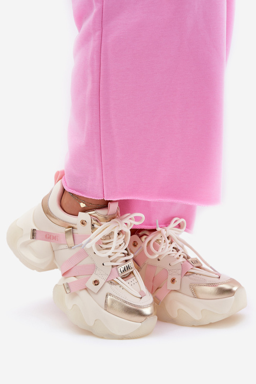 Women's Leather Sneakers On Chunky Sole GOE RR2N4031 Beige