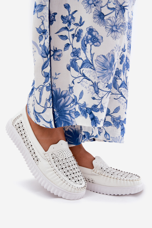 Leather Women's Moccasins With Openwork Pattern Vinceza 88028 White