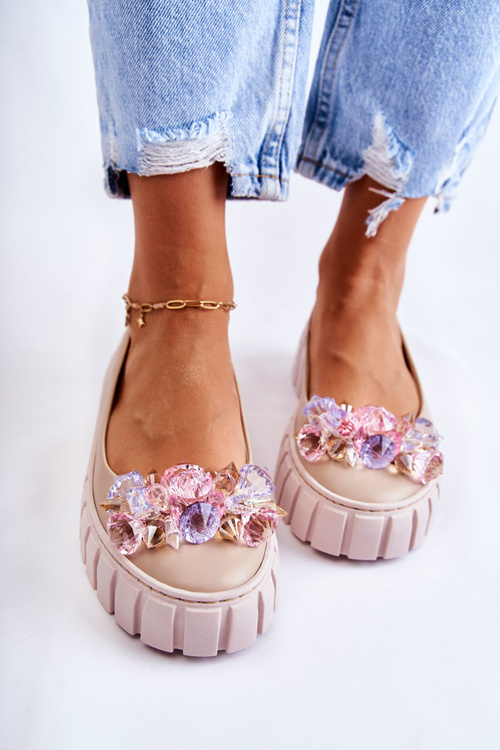 Leather Ballerinas On A Platform With Colorful Ornament Beige Ladette