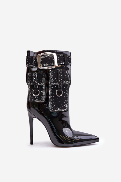 Embellished ankle boots made of patent eco leather on stiletto black