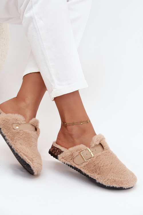 Furry Women's Platform Slides with Strap and Buckle Beige Noraline