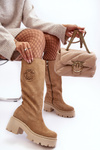 Women's Suede Boots Over the Knee Beige Lewski 3367