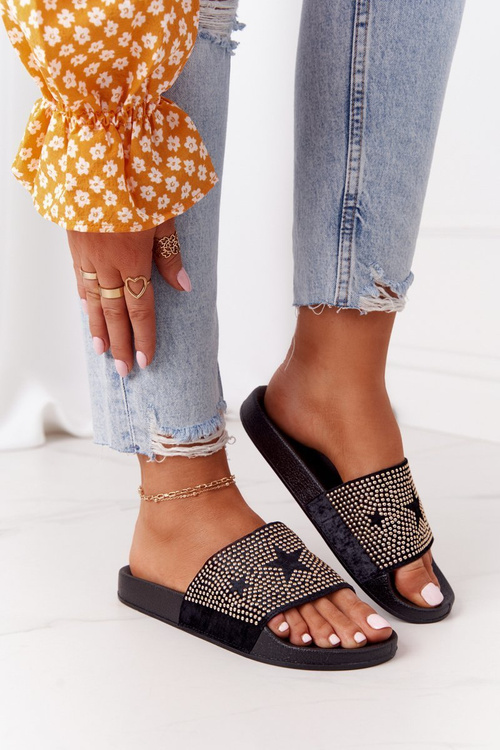 Women's Rubber Slippers With Rhinestones Black Edie