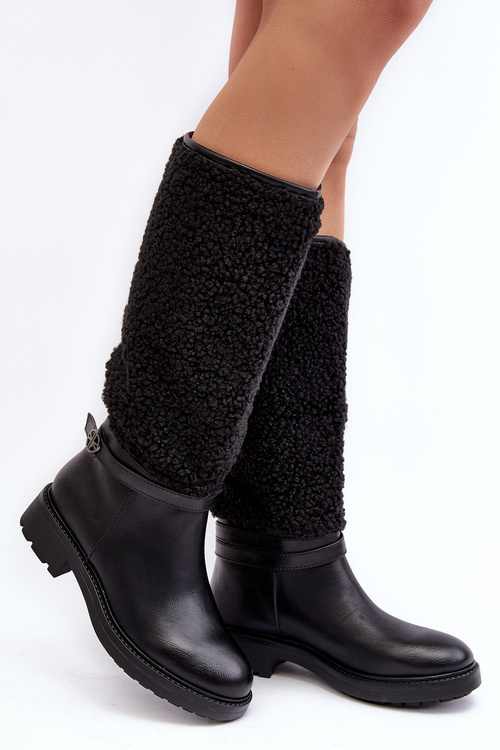 Women's Over-the-Knee Boots with Sheepskin Type Fleece Black Bellama