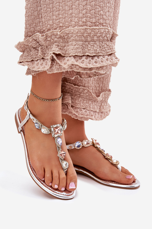 Ladies Sandals On Flat Heel With Crystals Silver Fiolalia