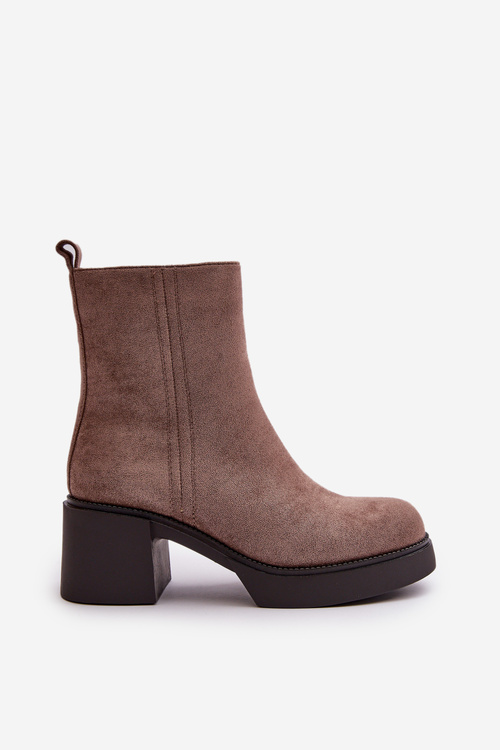 Botki Damskie Słupek Eko Zamsz Ocieplane Ciemnobeżowe Meriluna