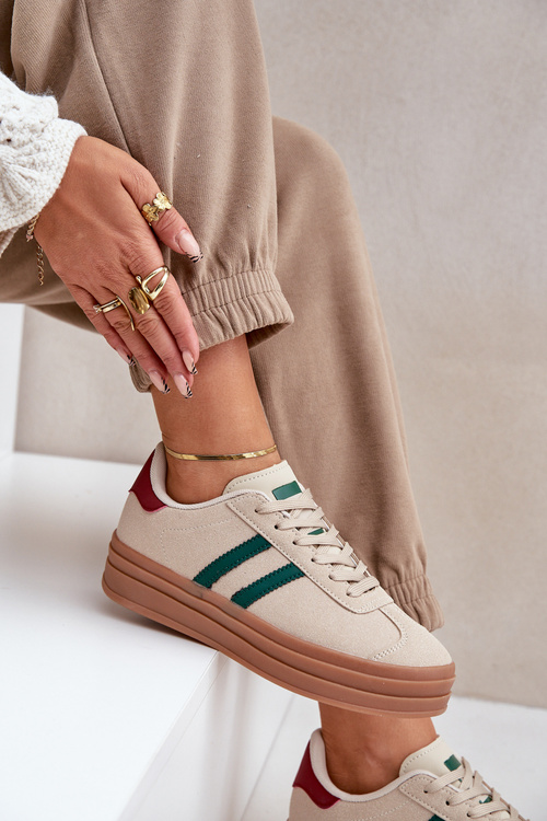 Damskie Sneakersy Na Platformie Beżowo-Zielone Egelia