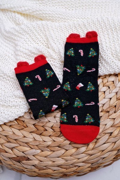 Women's Christmas Socks Black With Ears In Christmas Trees