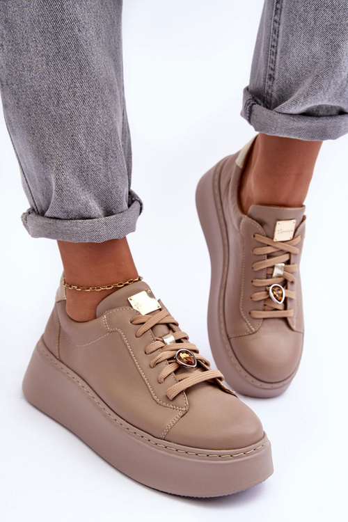 Buty Sportowe Skóra Platforma Maciejka 06191-04 Beżowe