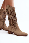 Zazoo 3403 Openwork Low Heel Women's Boots Beige