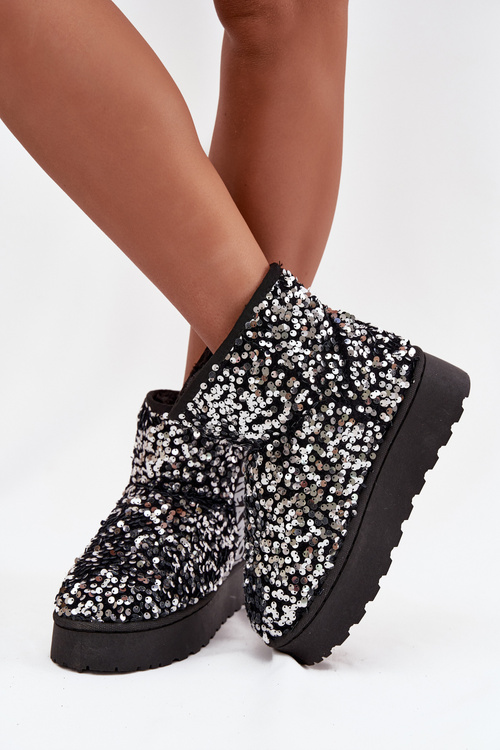 Women's Snow Boots on Platform Decorated with Sequins Black Silver Silmo