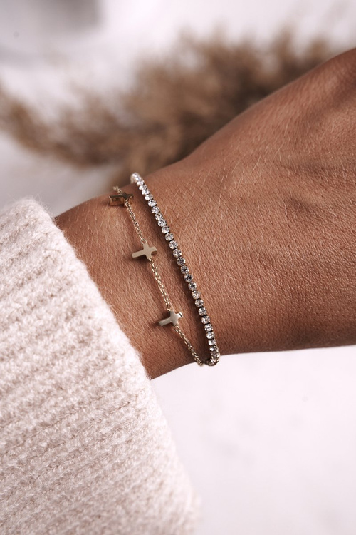 Double Bracelet With Crosses And Cubic Zirconia Gold Irene