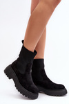 Women's Suede Boots with Sock on Platform and Flat Heel Black Rewam