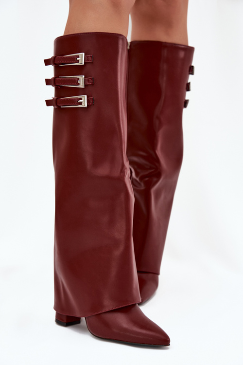 Women's Heeled Boots Turned Shaft Straps With Buckles Burgundy Nirisa