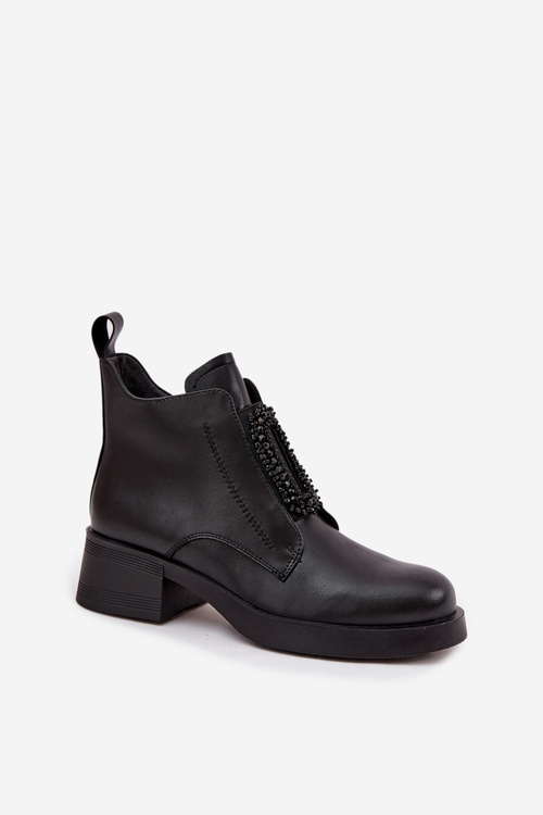 Leather Women's Block Heel Boots with Ornament D and JC52-869 Black