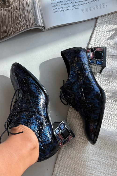 Damskie Półbuty Skóra Lakierowane Obcas Z Kryształkami Granatowe Artiker 55C0428