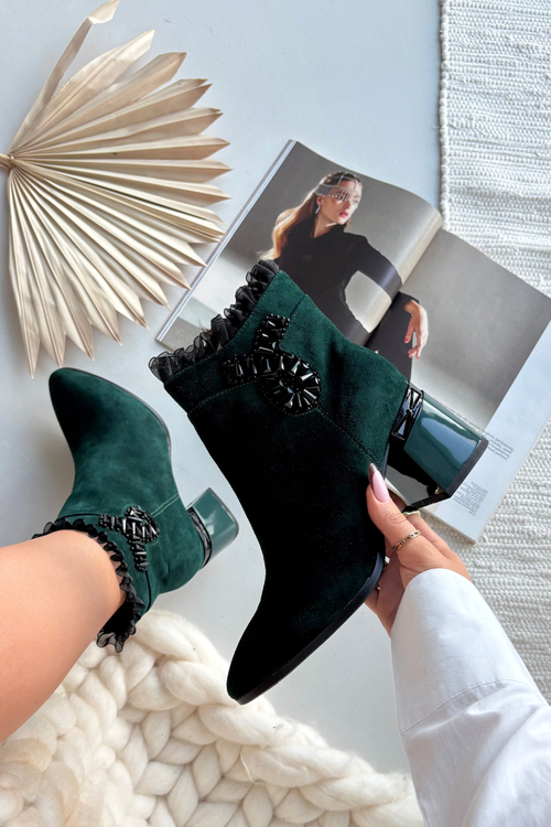 Suede Leather Women's Ankle Boots On Heel With Decoration Lined D&A MR52-127 Bottle Green