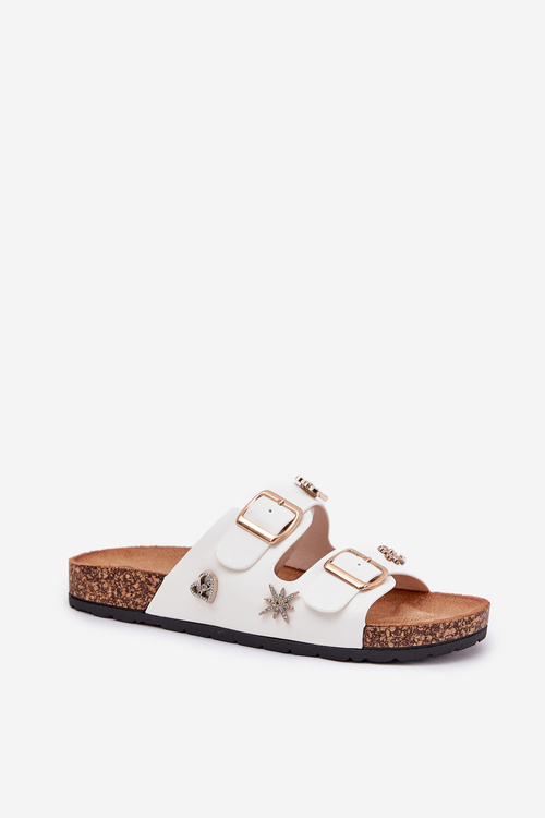 Women's Slippers On Cork Sole With Buckles And Embellishments White Efadelis