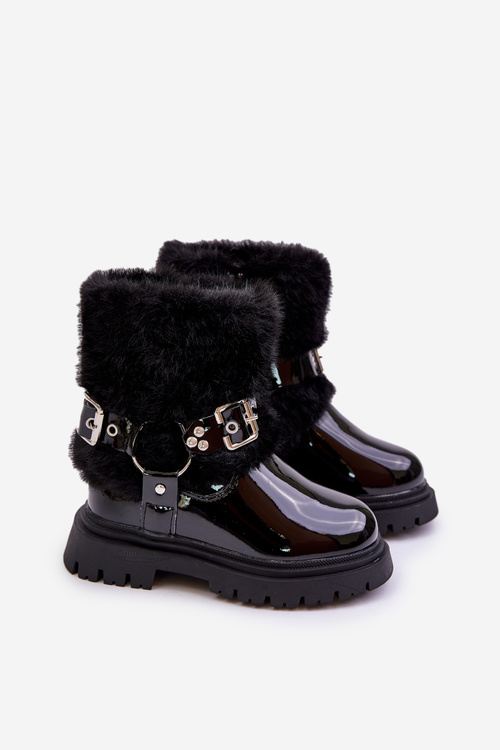 Lacquered Girls Boots With Fur And Buckles Black Cartemes